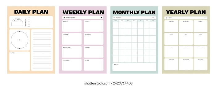 Printable Daily, Weekly, Monthly, Yearly Planner Vector Template Collection with Notepad, Memo Paper, Habit Tracker for Journaling, School Schedule, Business, Coaching, and Productivity Kit