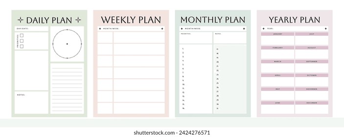 Printable Daily, Weekly, Monthly, Yearly Planner Vector Template Collection with Notepad, Memo Paper, Habit Tracker for Journaling, School Schedule, Business, Coaching, and Productivity Kit