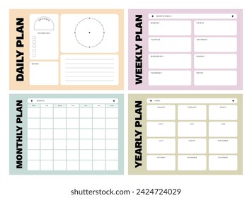 Printable Daily, Weekly, Monthly, Yearly Planner Vector Template Collection with Notepad, Memo Paper, Habit Tracker for Journaling, School Schedule, Business, Coaching, and Productivity Kit