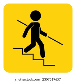 Printable  design label sticker of black stick man walking or climbing down stair or ladder with handrail in square rectangle yellow background, graphic resource for safety building sign, indoor label