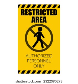 Printable design sticker of rectangle yellow with safety black strip Do not enter sign, no trespassing, prohibit people from passing warning sign, with icon man walk and circle croosed out icon