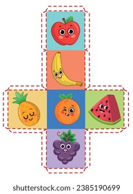 Printable Dice Fruit Game for Children. Vector Illustration Worksheet.