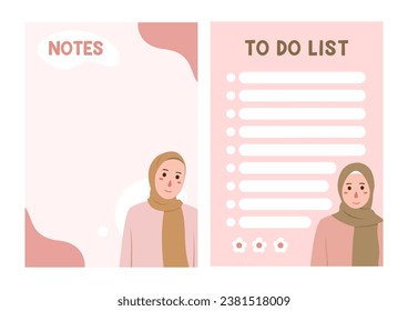 Printable to do list planner and memo notes with muslimah hijab pastel vector illustration aesthetic