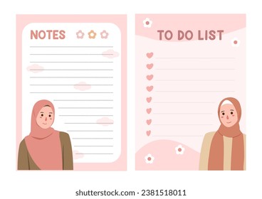 Printable to do list planner and memo notes with muslimah hijab pastel vector illustration aesthetic