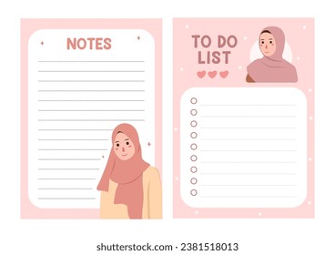 Printable to do list planner and memo notes with muslimah hijab pastel vector illustration aesthetic