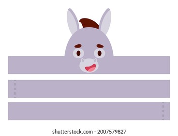 Printable donkey paper crown. Diy cut party ribbon template for birthday, christmas, baby shower. Fun accessory for entertainment. Print, cut and glue. Vector stock illustration.