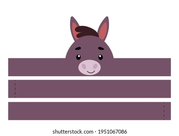 Printable donkey paper crown. Party headband die cut template for birthday, christmas, baby shower. Fun accessory for entertainment. Print, cut and glue. Vector stock illustration.