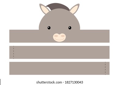 Printable donkey paper hat. Party crown die cut template for birthday, christmas, baby shower. Fun accessory for entertainment. Paper crown mock up isolated on white background. Print, cut and glue.