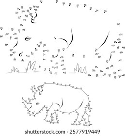 Printable dot to dot game for kids. Connect the dots and draw. Dot to dot puzzle for children. Fun connect dots game. Finished picture can be colored. Quite easy rhino illustration. Numbers 1 - 97. 