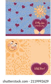 Printable double-sided folded postcard template To My Sun On Valentine Day. Vector cartoon background with hearts and sun character