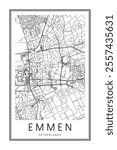 Printable downtown road map poster of the Dutch city of EMMEN on solid white background with city name