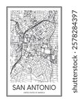 Printable downtown road map poster of the USA city of SAN ANTONIO on solid white background with city name