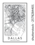 Printable downtown road map poster of the USA city of DALLAS on solid white background with city name