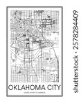 Printable downtown road map poster of the USA city of OKLAHOMA CITY on solid white background with city name