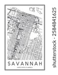 Printable downtown road map poster of the USA city of SAVANNAH on solid white background with city name