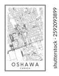 Printable downtown road map poster of the Canadian city of OSHAWA on solid white background with city name