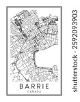 Printable downtown road map poster of the Canadian city of BARRIE on solid white background with city name