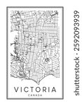 Printable downtown road map poster of the Canadian city of VICTORIA on solid white background with city name