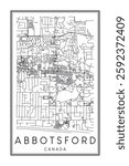 Printable downtown road map poster of the Canadian city of ABBOTSFORD on solid white background with city name