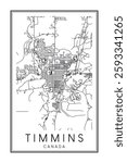 Printable downtown road map poster of the Canadian city of TIMMINS on solid white background with city name