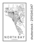 Printable downtown road map poster of the Canadian city of NORTH BAY on solid white background with city name