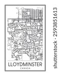 Printable downtown road map poster of the Canadian city of LLOYDMINSTER on solid white background with city name