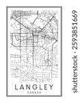 Printable downtown road map poster of the Canadian city of LANGLEY on solid white background with city name