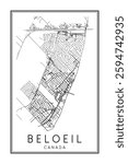 Printable downtown road map poster of the Canadian city of BELOEIL on solid white background with city name