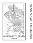 Printable downtown road map poster of the Canadian city of NORTH BATTLEFORD on solid white background with city name