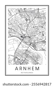 Printable downtown road map poster of the Dutch city of ARNHEM on solid white background with city name