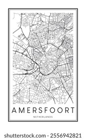 Printable downtown road map poster of the Dutch city of AMERSFOORT on solid white background with city name