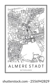 Printable downtown road map poster of the Dutch city of ALMERE STADT on solid white background with city name