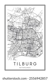 Printable downtown road map poster of the Dutch city of TILBURG on solid white background with city name