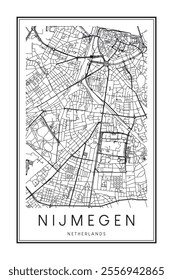 Printable downtown road map poster of the Dutch city of NIJMEGEN on solid white background with city name