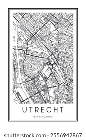 Printable downtown road map poster of the Dutch city of UTRECHT on solid white background with city name