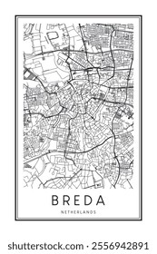 Printable downtown road map poster of the Dutch city of BREDA on solid white background with city name