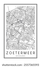 Printable downtown road map poster of the Dutch city of ZOETERMEER on solid white background with city name