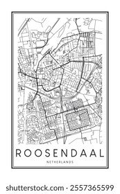 Printable downtown road map poster of the Dutch city of ROOSENDAAL on solid white background with city name