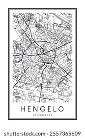 Printable downtown road map poster of the Dutch city of HENGELO on solid white background with city name