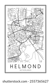 Printable downtown road map poster of the Dutch city of HELMOND on solid white background with city name