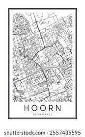 Printable downtown road map poster of the Dutch city of HOORN on solid white background with city name