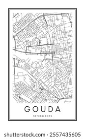 Printable downtown road map poster of the Dutch city of GOUDA on solid white background with city name