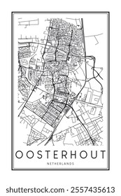 Printable downtown road map poster of the Dutch city of OOSTERHOUT on solid white background with city name