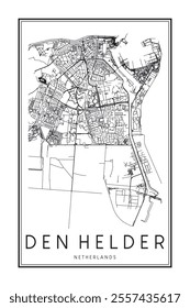 Printable downtown road map poster of the Dutch city of DEN HELDER on solid white background with city name