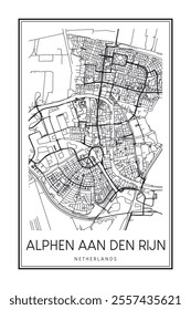 Printable downtown road map poster of the Dutch city of ALPHEN AAN DEN RIJN on solid white background with city name