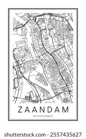 Printable downtown road map poster of the Dutch city of ZAANDAM on solid white background with city name