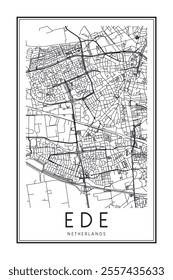 Printable downtown road map poster of the Dutch city of EDE on solid white background with city name