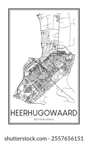 Printable downtown road map poster of the Dutch city of HEERHUGOWAARD on solid white background with city name