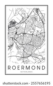 Printable downtown road map poster of the Dutch city of ROERMOND on solid white background with city name
