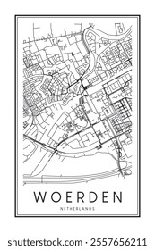 Printable downtown road map poster of the Dutch city of WOERDEN on solid white background with city name